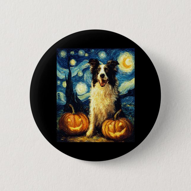 Cute Border Collie Dog Halloween Jack O Lantern Pu Button (Front)