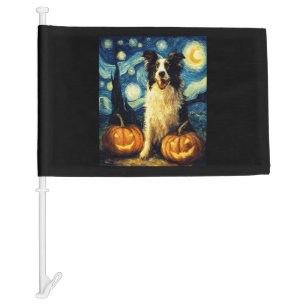 Cute Border Collie Dog Halloween Jack O Lantern Pu Car Flag