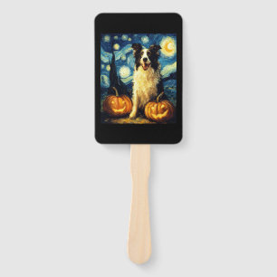 Cute Border Collie Dog Halloween Jack O Lantern Pu Hand Fan