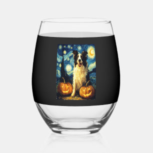 Cute Border Collie Dog Halloween Jack O Lantern Pu Stemless Wine Glass