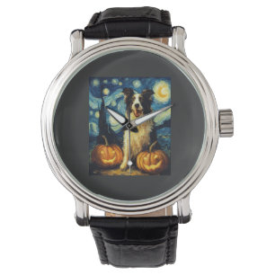 Cute Border Collie Dog Halloween Jack O Lantern Pu Watch