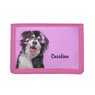 Cute Border Collie Dog on Lilac Personalized Tri-fold Wallet