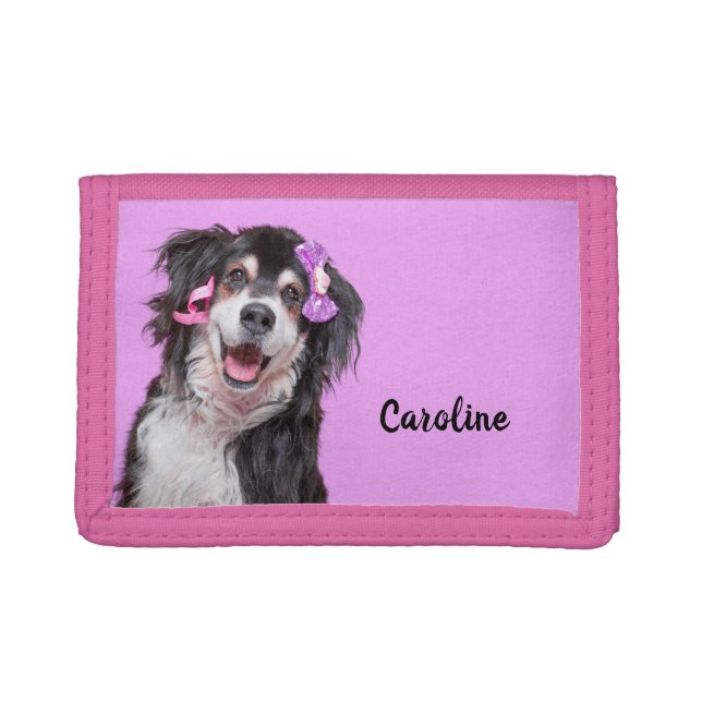 Cute Border Collie Dog on Lilac Personalized Trifold Wallet (Front)