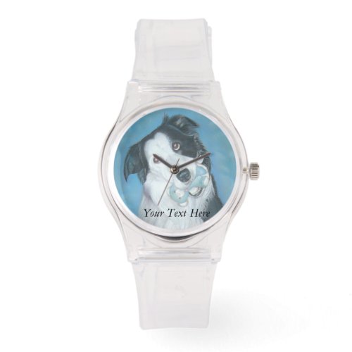 cute border collie dog with blue teddy bear watch