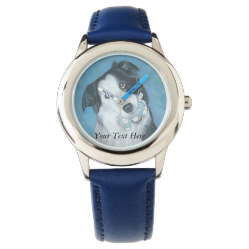 cute border collie dog with blue teddy bear watch
