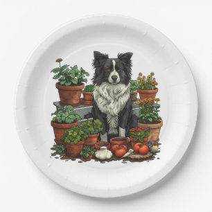 Cute Border Collie Gardening Paper Plates