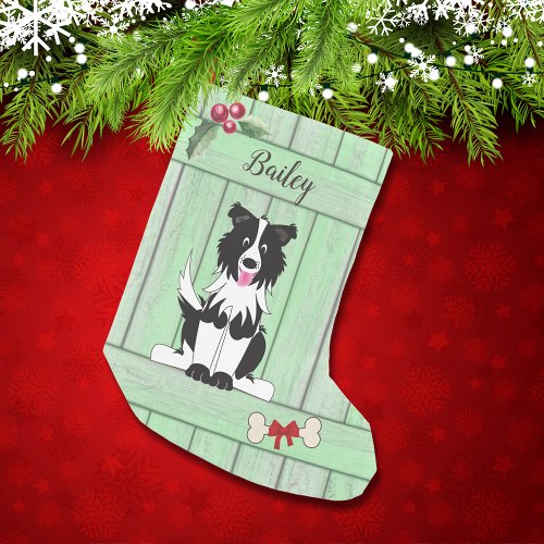 Cute Border Collie Green Wooden Fence Monogram Small Christmas Stocking