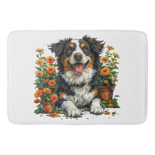 Cute Border Collie In Flowers Bath Mat (Front)