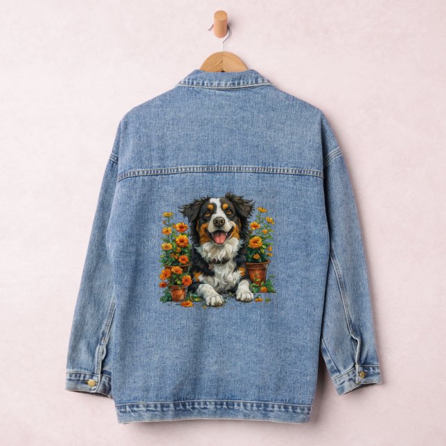 Cute Border Collie In Flowers Denim Jacket (Hangar)