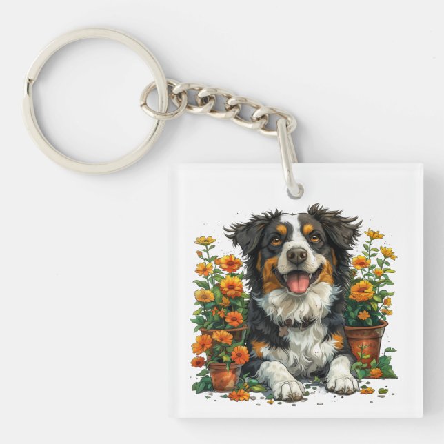 Cute Border Collie In Flowers Keychain (Front)