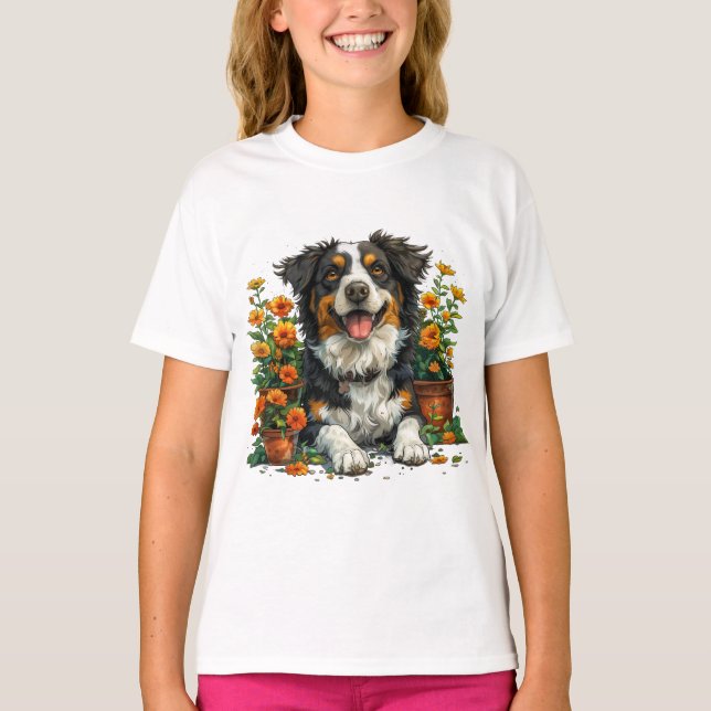 Cute Border Collie In Flowers T-Shirt (Front)