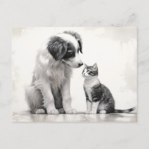 Cute Border Collie & Kitten Friendship Postcard