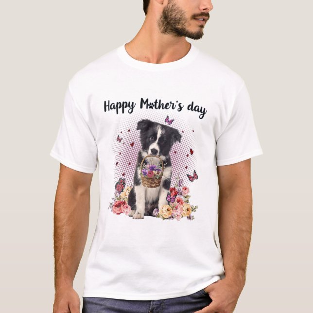 Cute Border Collie Mom Flower Happy Mother's Day L T-Shirt (Front)