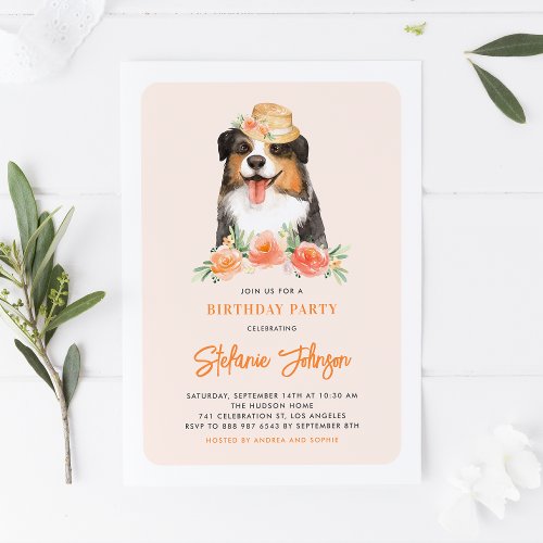 Cute Border Collie Peach Floral Kids Birthday Invitation