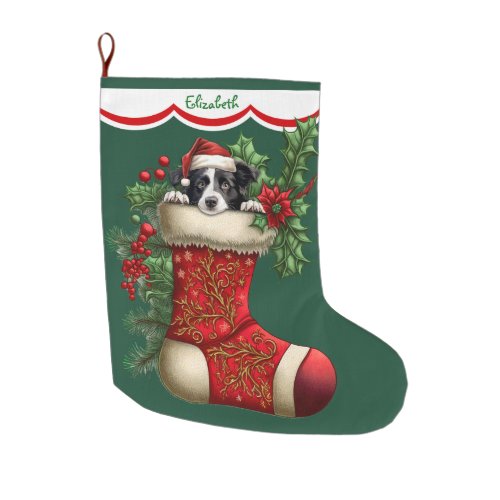 Cute Border Collie Peeking Large Christmas Stocking