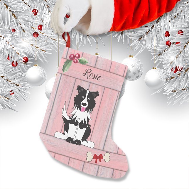 Cute Border Collie Pink Wooden Fence Monogram Small Christmas Stocking (Creator Uploaded)