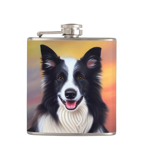 Cute Border Collie Portrait Painting Pet Keepsake Flask