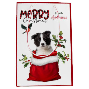 Cute Border Collie Puppy Dog Christmas Medium Gift Bag