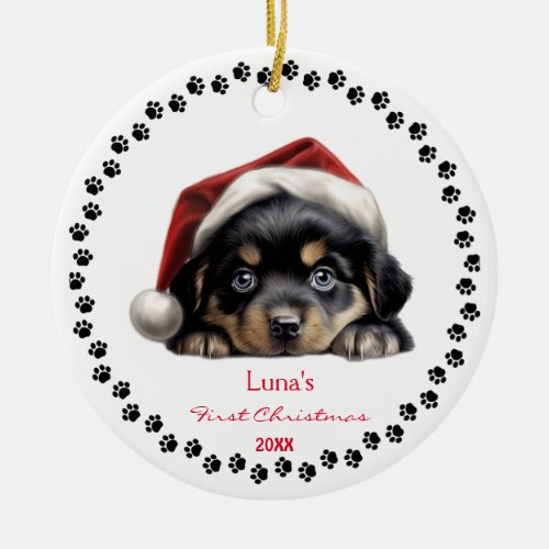 Cute Border Collie Puppy Dog Santa Hat Paw Print  Ceramic Ornament
