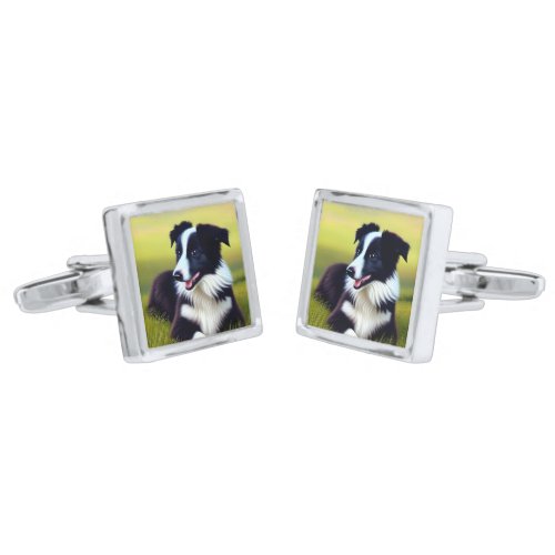 Cute Border Collie Puppy Grassland Oil Painting Cufflinks