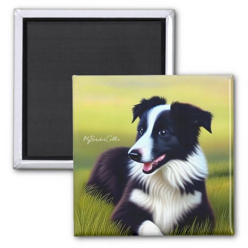 Cute border collie puppy grassland oil painting magnet