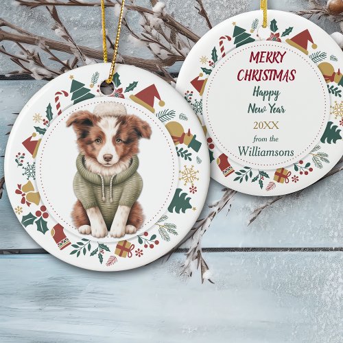 Cute Border Collie Puppy in Winter Sweater Ceramic Ornament