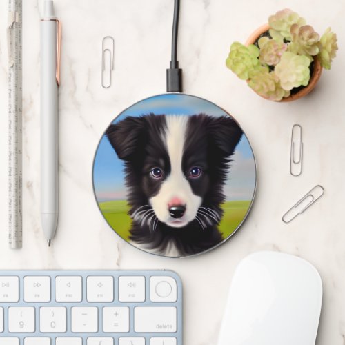 Cute Border Collie Puppy Painting Pet Keepsake Wireless Charger