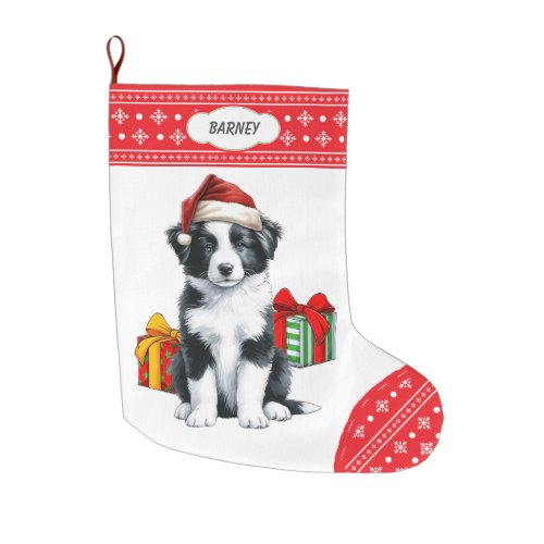 Cute Border Collie Puppy Santa Hat Snowflake Large Christmas Stocking