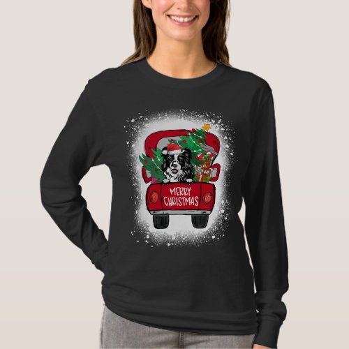 Cute Border Collie Red Truck Merry Christmas Bleac T_Shirt