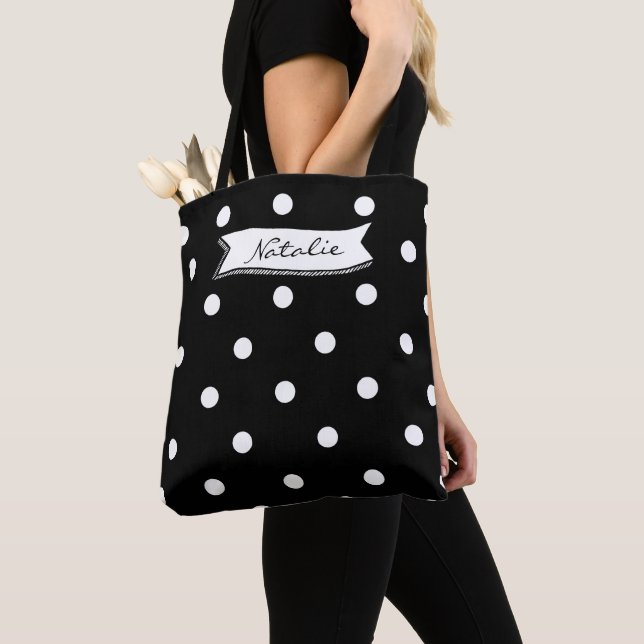 Cute border monogrammed black and white polka dots tote bag (Close Up)