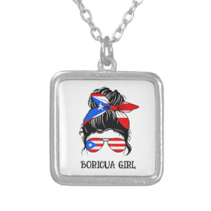 Cute Boricua Girl Puerto Rico Flag Silver Plated Necklace