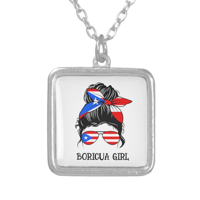Cute Boricua Girl Puerto Rico Flag  Silver Plated Necklace (Front)