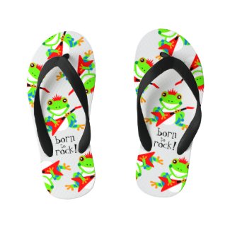 Cute Born to Rock Tree Frogs with Red Guitars Kid's Flip Flops