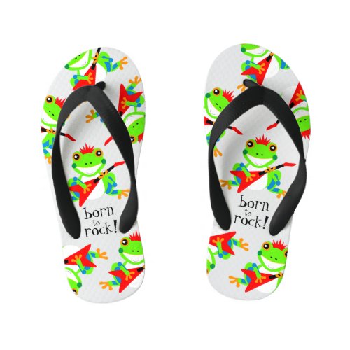 Cute Born to Rock Tree Frogs with Red Guitars Kids Flip Flops