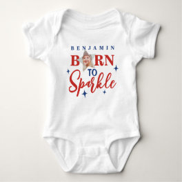 Cute Born To Sparkle Red Script Blue Stars Photo Baby Bodysuit