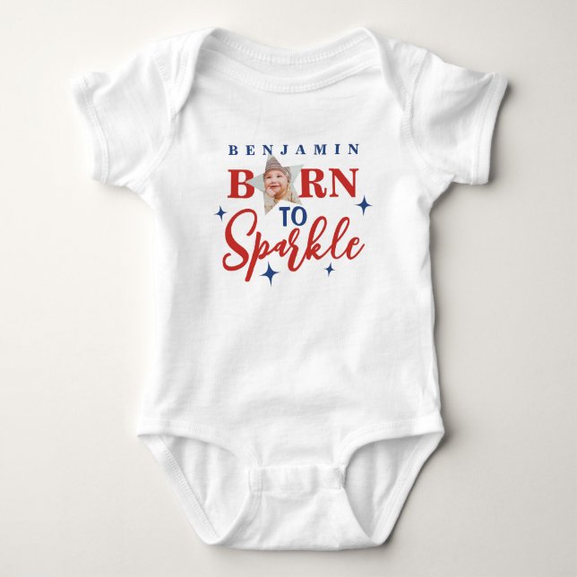 Cute Born To Sparkle Red Script Blue Stars Photo Baby Bodysuit (Front)