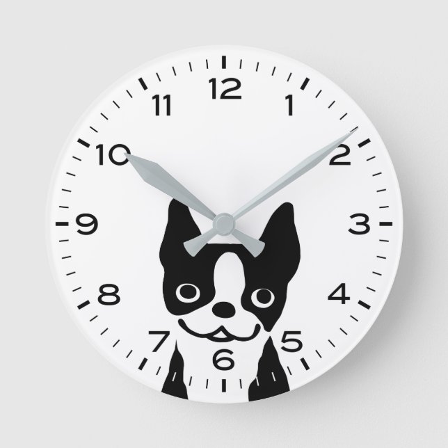 Cute Boston Terrier Cartoon Dog Round Clock (Front)