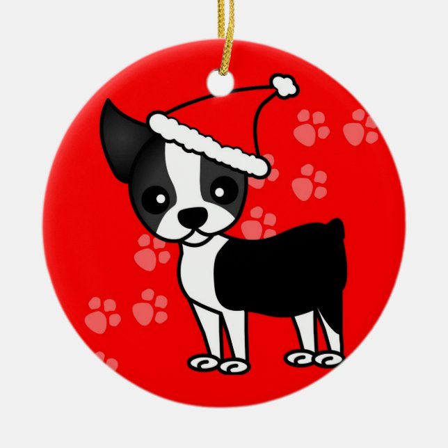 Cute Boston Terrier Cartoon Santa Hat Red Ceramic Ornament (Front)