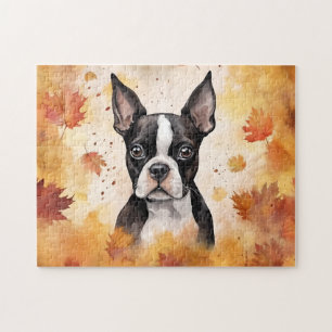 Cute Boston Terrier Dog/Autumn/Fall Jigsaw Puzzle