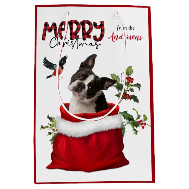 Cute Boston Terrier Dog Christmas Medium Gift Bag (Front)