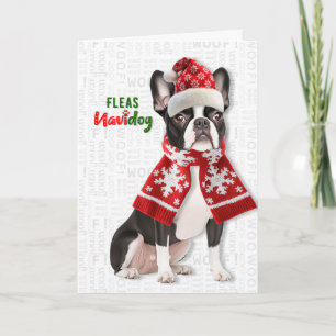 Cute Boston Terrier Dog Fleas Navidog Christmas Holiday Card