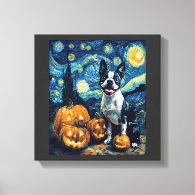 Cute Boston Terrier Dog Halloween Jack O Lantern P Canvas Print (Front)