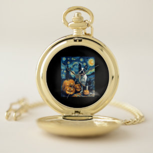 Cute Boston Terrier Dog Halloween Jack O Lantern P Pocket Watch