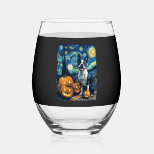 Cute Boston Terrier Dog Halloween Jack O Lantern P Stemless Wine Glass