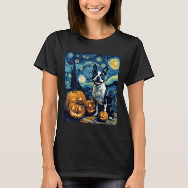 Cute Boston Terrier Dog Halloween Jack O Lantern P T-Shirt (Front)