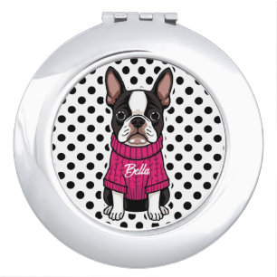 Cute Boston Terrier Dog Pink Sweater Personalized Compact Mirror