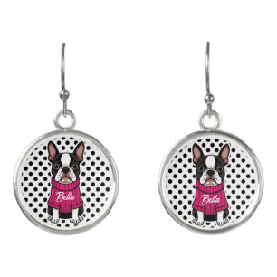 Cute Boston Terrier Dog Pink Sweater Personalized Earrings