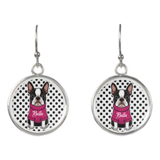 Cute Boston Terrier Dog Pink Sweater Personalized Earrings
