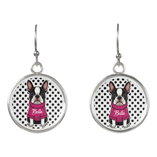 Cute Boston Terrier Dog Pink Sweater Personalized Earrings (Front)