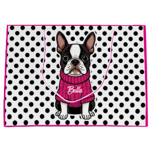 Cute Boston Terrier Dog Pink Sweater Personalized Large Gift Bag